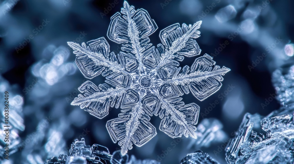 Poster a detailed close-up of a unique snowflake, showcasing intricate patterns and crystalline structures 