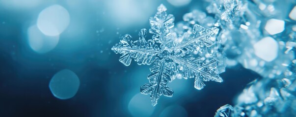 Close-up view of a delicate snowflake displaying intricate details against a soft, cool blue background.