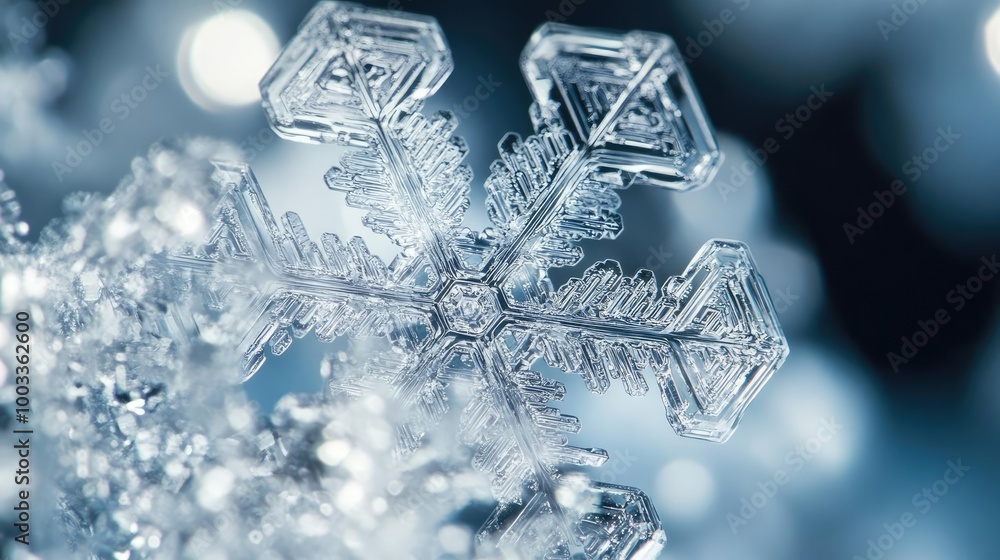 Poster close-up of a unique snowflake showcasing intricate crystal structures against a soft blue backgroun