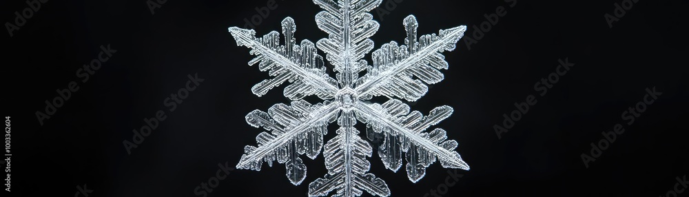 Poster a beautifully intricate snowflake captured against a dark background, showcasing its unique symmetri