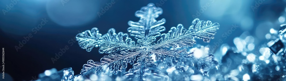 Poster a close-up of a beautiful snowflake resting on ice, surrounded by sparkling frost, showcasing the un
