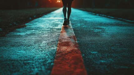 A solitary runner moves along a vibrant, illuminated path at dusk, surrounded by a tranquil atmosphere and modern aesthetic.