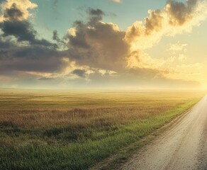 Obraz premium A lone figure walks down a serene road at sunset, symbolizing journey and introspection amidst stunning landscapes.