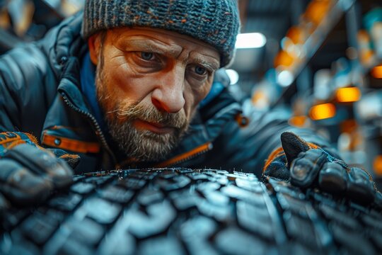 Car mechanic replacing tire in workshop, showcasing expert automotive repair skills