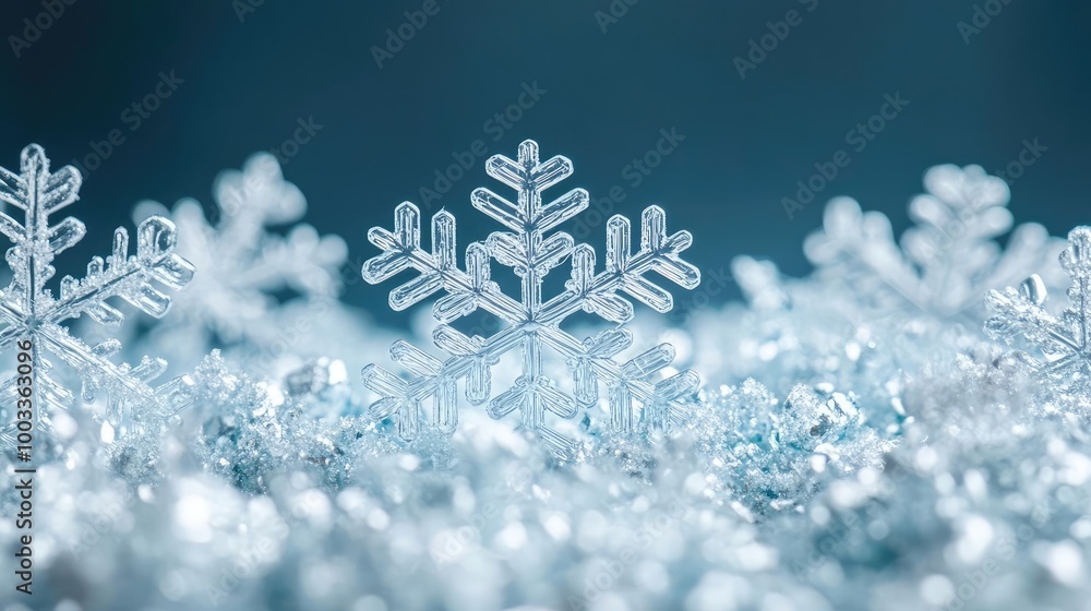 Aufkleber beautiful close-up of snowflakes resting on a shimmering layer of ice, creating a winter wonderland 