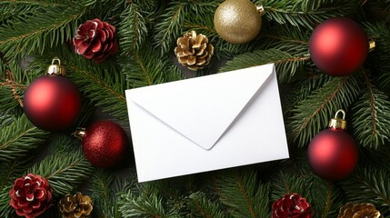 Festive white card with envelope resting on pine branches adorned with red and gold ornaments during the holiday season