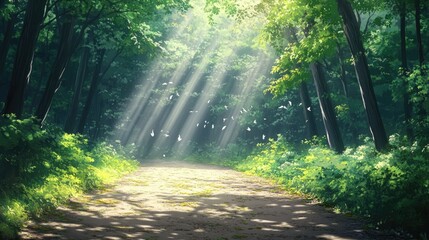Obraz premium Sunbeams Illuminating a Forest Path with Birds Flying Through