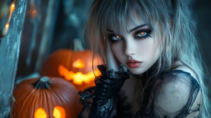Fototapeta premium Dark Gothic Halloween Aesthetic with Pumpkins and Mysterious Girl
