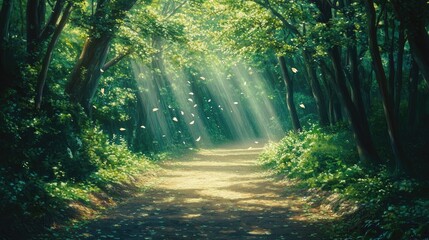 Obraz premium Sunbeams Illuminating a Path Through a Lush Green Forest