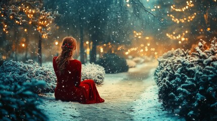 Obraz premium A woman in a red dress enjoys a snowy garden with festive lights during Christmas time