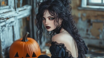 Fototapeta premium Dark Gothic Halloween Aesthetic with Pumpkins and Mysterious Girl