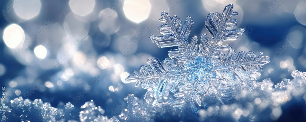 Poster a close-up of a delicate snowflake resting on a bed of sparkling snow, showcasing intricate patterns