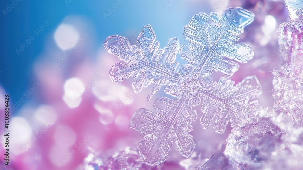 Poster a close-up view of a delicate snowflake, showcasing intricate patterns and shimmering details agains