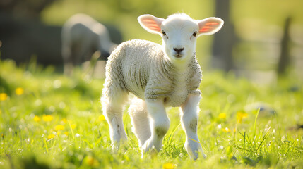 Adorable baby lamb joyfully playing in a lush green field on a sunny day.