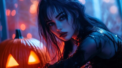 Naklejka premium Dark Gothic Halloween Aesthetic with Pumpkins and Mysterious Girl