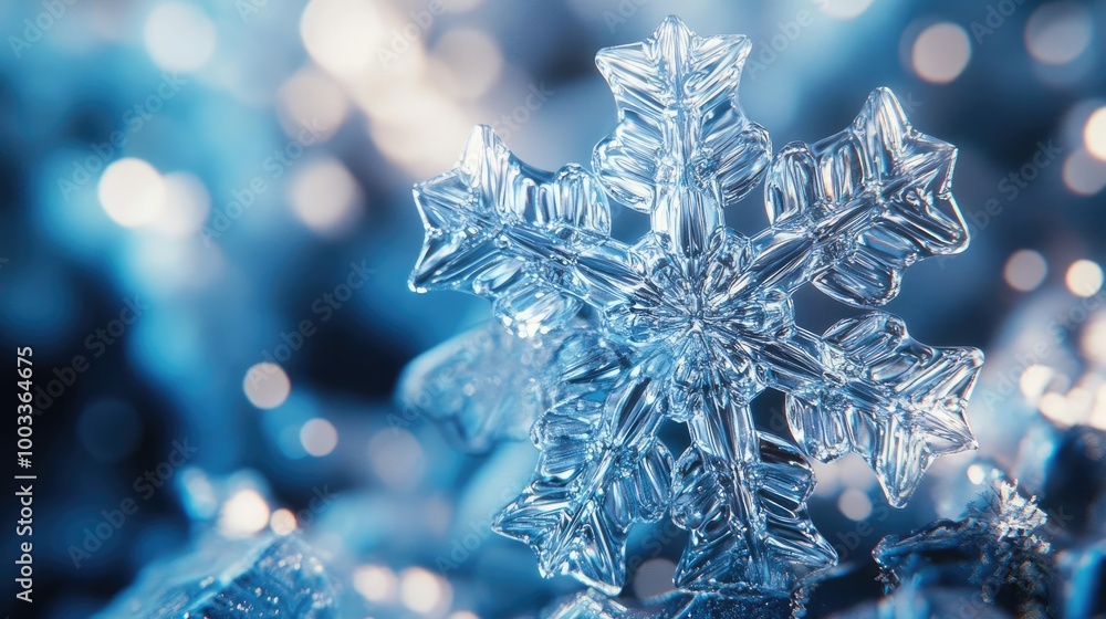 Poster close-up of a delicate snowflake resting on soft, glistening snow, showcasing intricate icy patterns