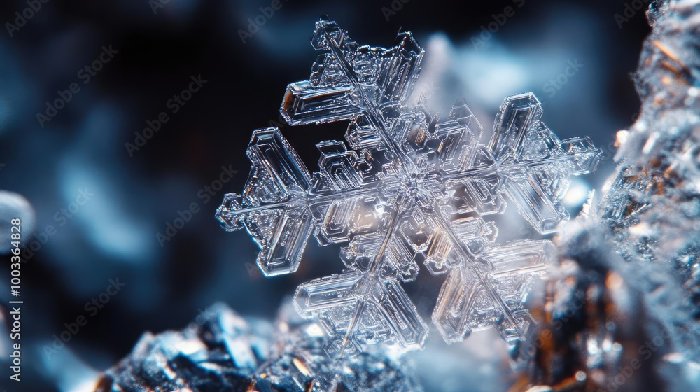 Poster intricate snowflake resting on ice, showcasing delicate crystal structure and beautiful details in a