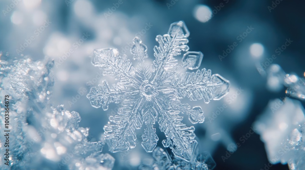 Poster close-up of a beautiful snowflake, showcasing intricate details and delicate patterns against a soft