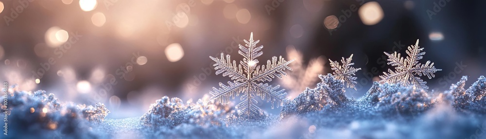 Poster a close-up view of delicate snowflakes resting on soft snow, illuminated by gentle light, creating a