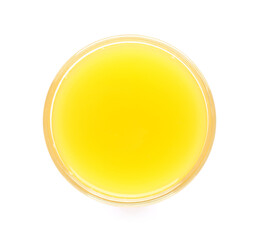 Glass of fresh orange juice on white background