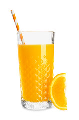 Glass of fresh orange juice on white background