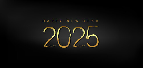 Happy New Year 2025 in shimmering gold on a deep black background conveying a sense of joy and new beginnings