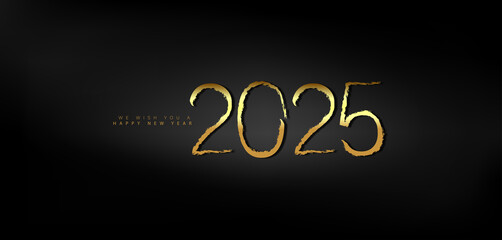 Happy New Year 2025 in shimmering gold on a deep black background conveying a sense of joy and new beginnings