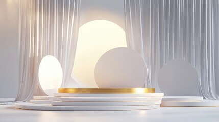 White Circular Platform with Golden Accents and Sheer Curtains