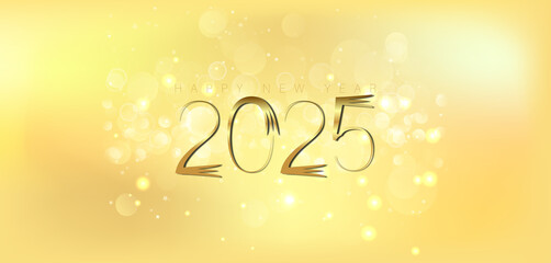 Happy New Year 2025 in shimmering gold on a deep black background conveying a sense of joy and new beginnings
