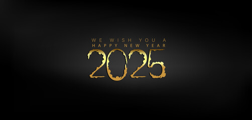 Happy New Year 2025 in shimmering gold on a deep black background conveying a sense of joy and new beginnings