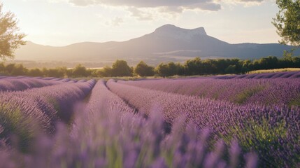 Lavender field at sunset with mountain range in the background.