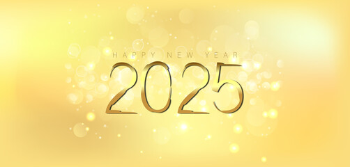 Happy New Year 2025 in shimmering gold on a deep black background conveying a sense of joy and new beginnings