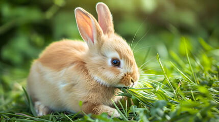 Fototapeta premium Adorable bunny enjoying a tasty snack, munching on a blade of grass in the sunshine.