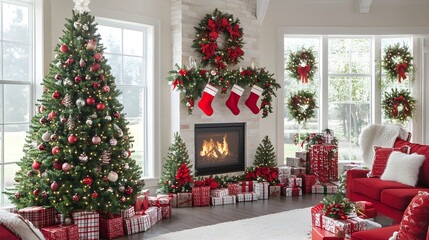 A beautifully decorated Christmas backdrop showcasing a red and green theme, with lush garlands, twinkling fairy lights, and festive ornaments adorning a large tree. The scene captures a classic 