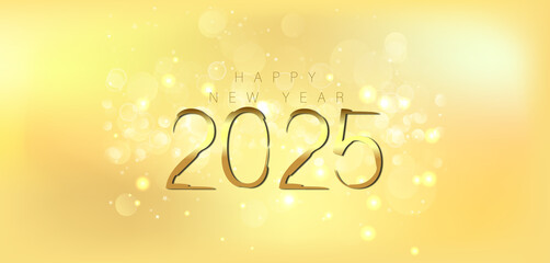 Happy New Year 2025 in shimmering gold on a deep black background conveying a sense of joy and new beginnings
