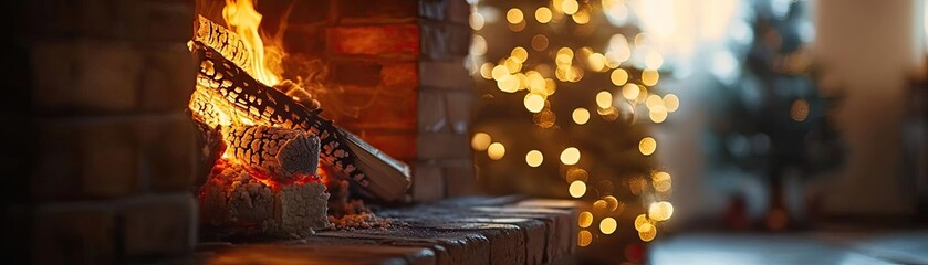 Fototapeta premium Warm fireplace glowing with flame, festive tree in background, creating a cozy holiday atmosphere with soft bokeh lights.