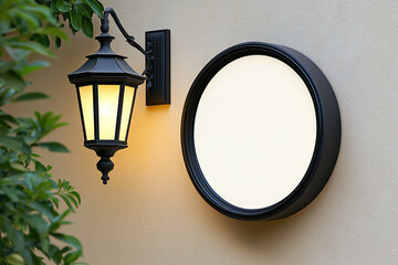 A modern round outdoor sign with a frame mockup , hanging on a beige wall