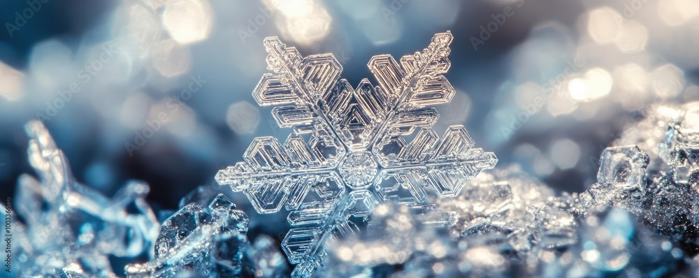 Poster close-up of a beautiful crystal snowflake resting on sparkling ice, showcasing intricate patterns an