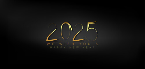 Happy New Year 2025 in shimmering gold on a deep black background conveying a sense of joy and new beginnings