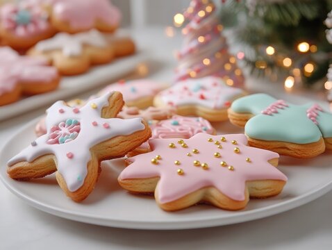 A festive assortment of beautifully decorated Christmas cookies on a white table, perfect for celebrating the holiday spirit