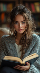 Young woman with long brown hair reading a book.