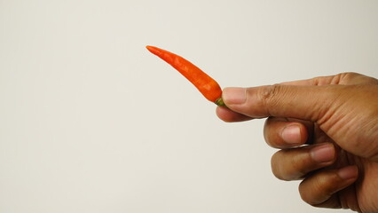 Red chili held by fingers. White background