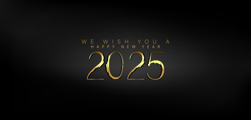 Happy New Year 2025 in shimmering gold on a deep black background conveying a sense of joy and new beginnings