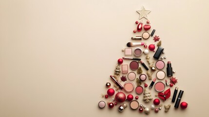 Creative Christmas tree design arranged from makeup products against a beige background, celebrating the festive season