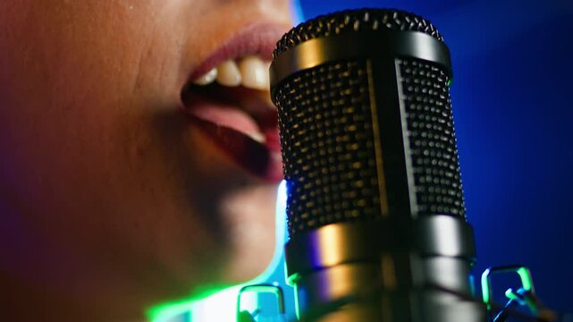 Confident female singer performing live in a rock nightclub, showing off her bold melodic voice. Edgy independent woman singing under the spotlights, rebellious energy. Close up. Camera A.