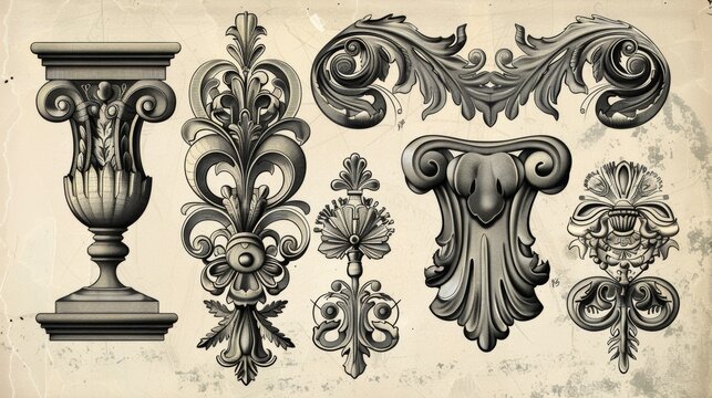 Ornate Baroque Scrollwork and Floral Decorative Elements from Vintage Engraved