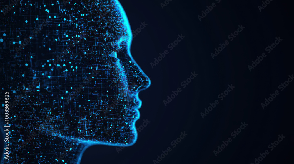 Poster profile of a digital head with glowing data particles in a dark background.