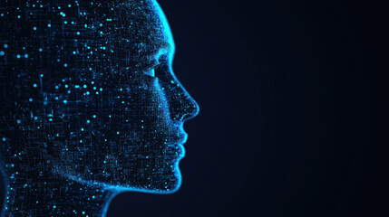 Profile of a digital head with glowing data particles in a dark background.