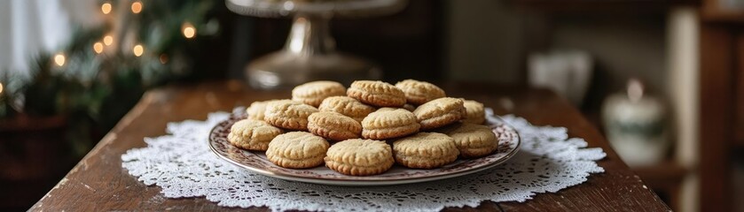 Freshly baked cookies arranged on a vintage plate, perfect for festive gatherings and cozy moments.