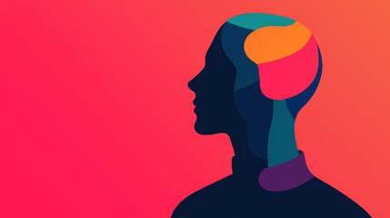 Silhouette of a head with colorful brain, abstract design on a vibrant background.